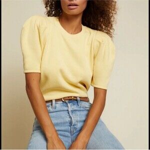 Nation LTD Olivia Short Puff Sleeve Sweatshirt Cornsilk Yellow Crewnck Cotton XS